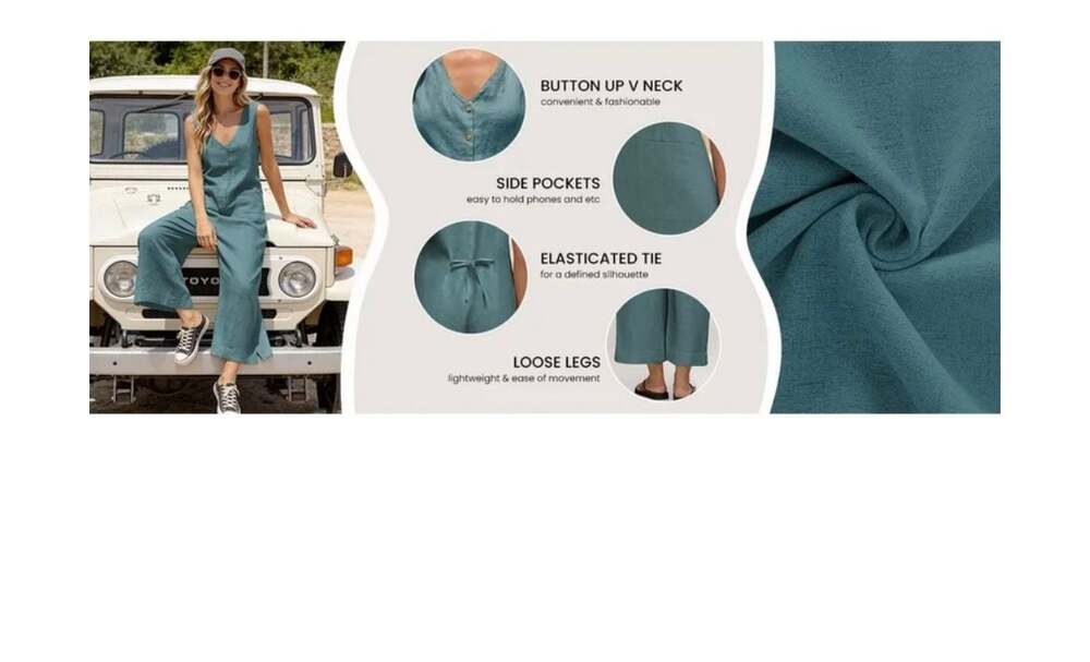 Women's Sleeveless Cotton Linen Blend V-Neck Button-Down Wide-Leg Jumpsuit - Picture 6 of 15